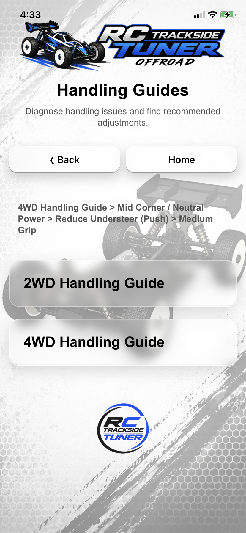 RC Trackside Tuner handling guide selection
